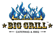 Big Grill Catering Logo, with blue and yellow flames, Big Grill in capital letters with stars on either side of the word, below the words catering and BBQ